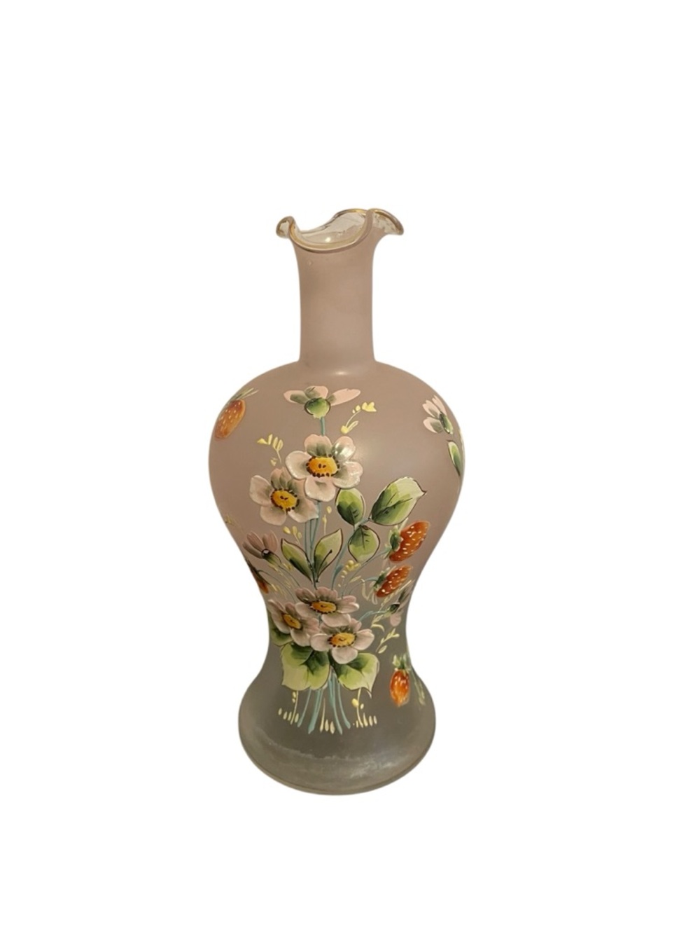 Vintage Hand Painted Satin Glass Strawberry Floral Vase Ruffled Gold Rim Pink